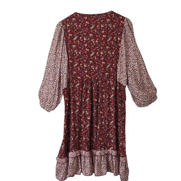Womens Sz 1X Tiered Lace Festival BOHO Babydoll Peasant Burgundy Floral Dress - Picture 2 of 12